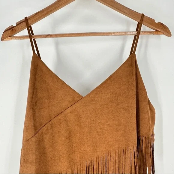 Faux Suede Fringe Dress Sleeveless Western‎ Style Brown - Picture 4 of 10